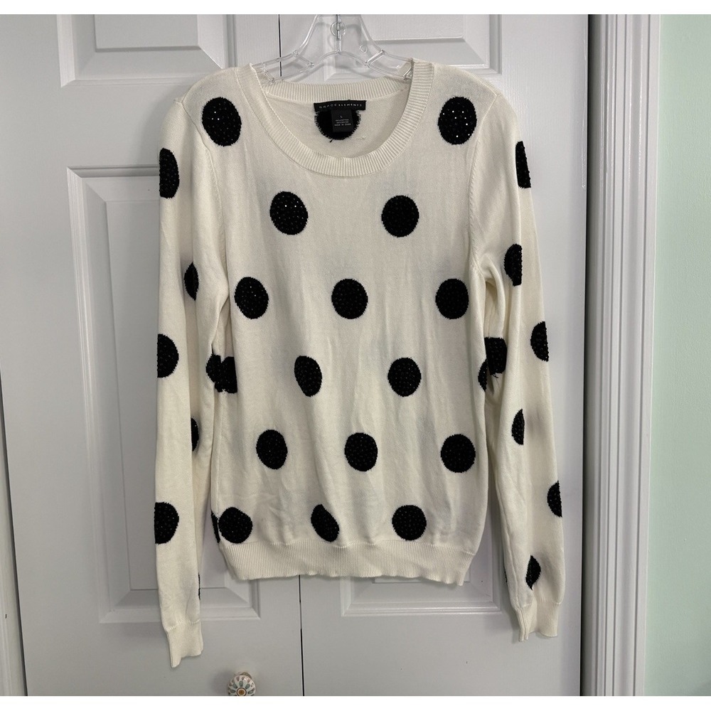 Grace Elements Black And White Polka Dot Sequins Pullover Sweater Size L